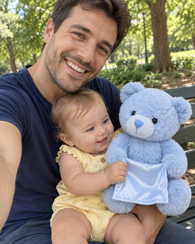 CuddlePeek campaign illustration: family selfie with baby and blue bear