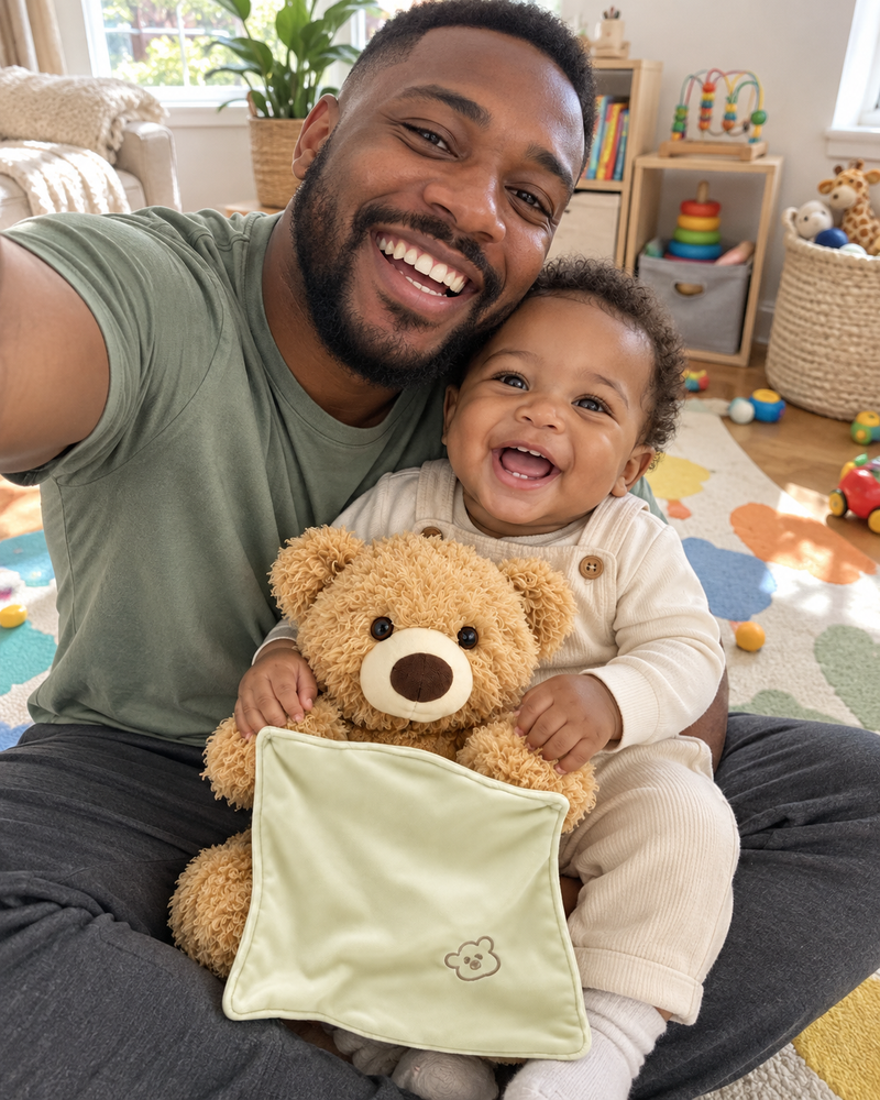 CuddlePeek campaign illustration: family selfie with baby and golden bear