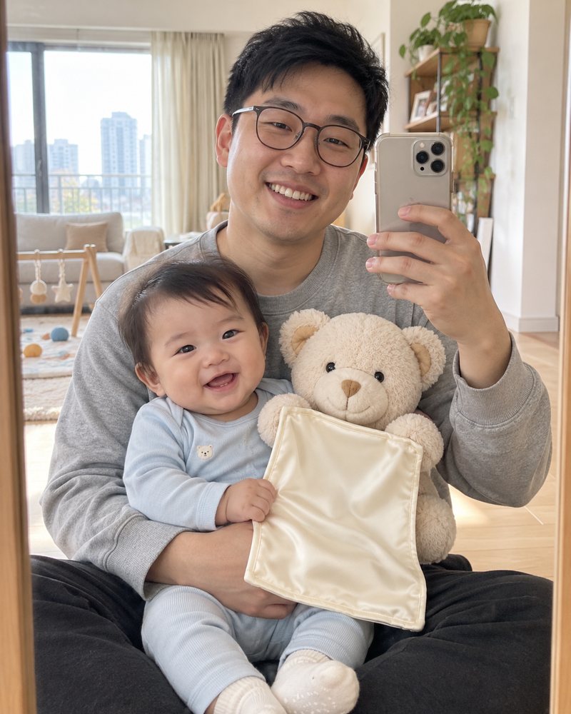 CuddlePeek campaign illustration: family selfie with baby and ivory bear