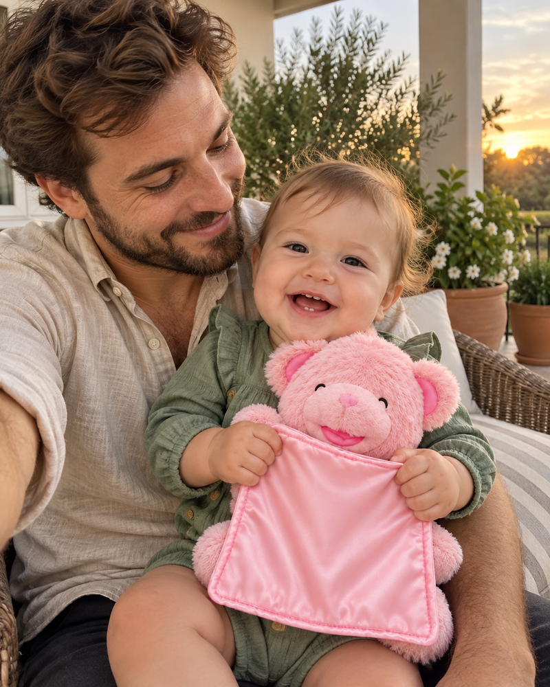 CuddlePeek campaign illustration: family selfie with baby and pink bear
