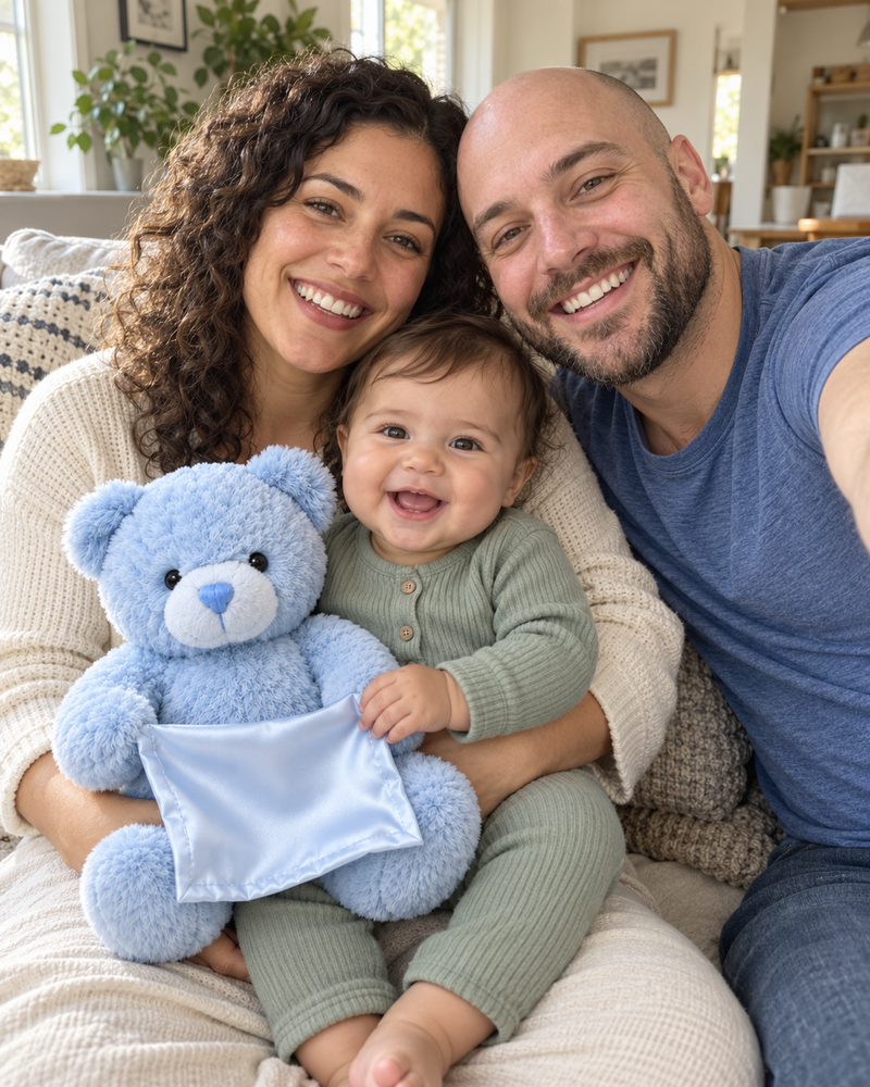 CuddlePeek campaign illustration: family selfie with baby and blue bear
