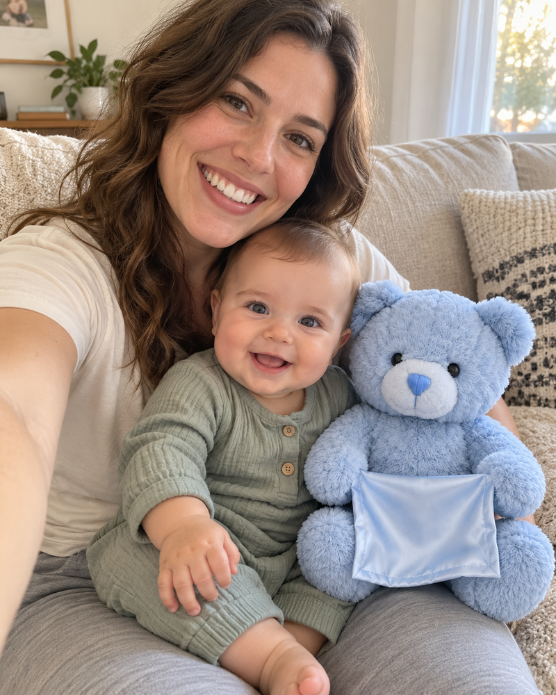 CuddlePeek campaign illustration: family selfie with baby and blue bear