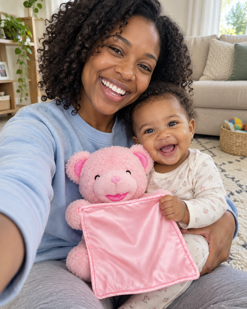 CuddlePeek campaign illustration: family selfie with baby and pink bear