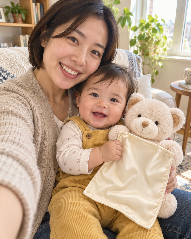 CuddlePeek campaign illustration: family selfie with baby and ivory bear