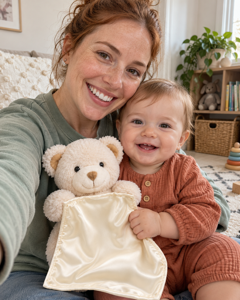 CuddlePeek campaign illustration: family selfie with baby and ivory bear