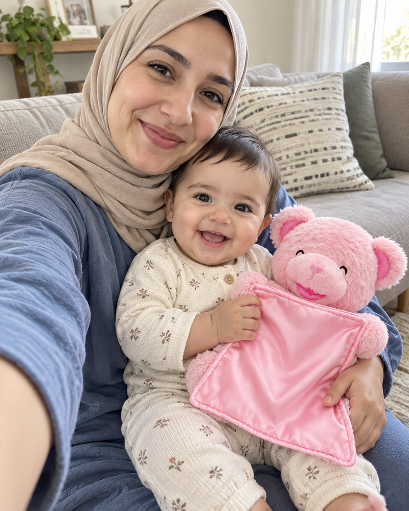 CuddlePeek campaign illustration: family selfie with baby and pink bear